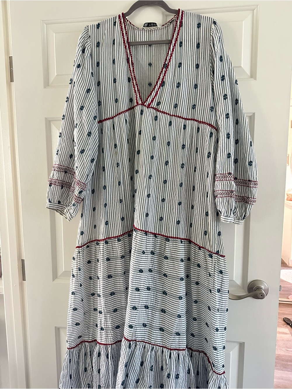 Zara White Striped Maxi Dress with Navy Motif and Red Trim